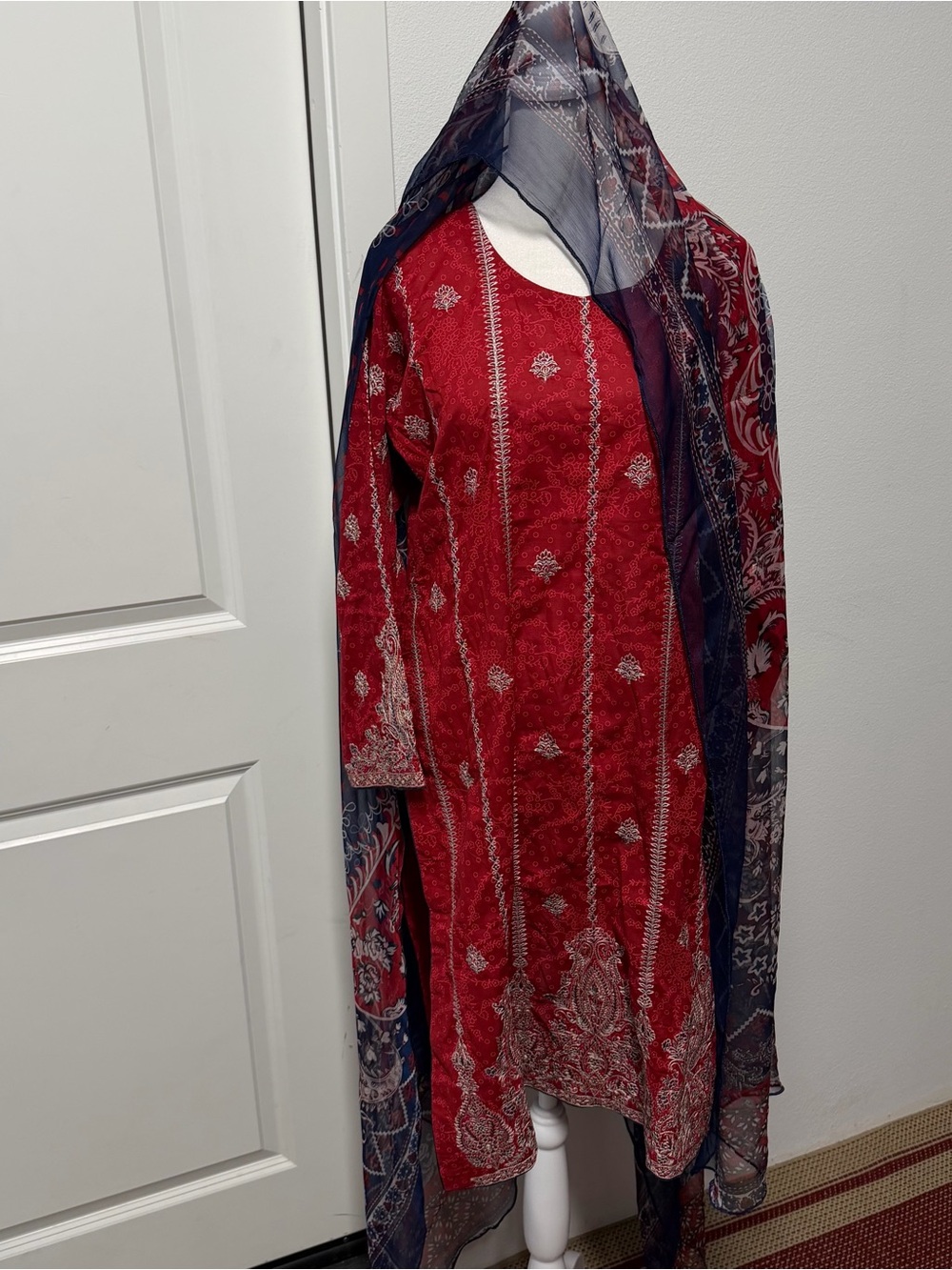 Pakistani 3 Piece Red Embroidered Lawn Suit with Navy Dupatta Size Large